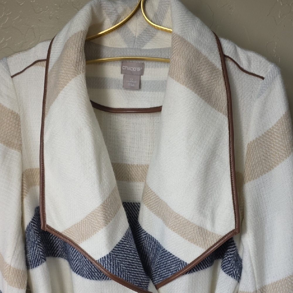 Chico's White Striped Cream Shawl-Collar Belted Blanket Jacket with Navy Beige - Picture 3 of 13